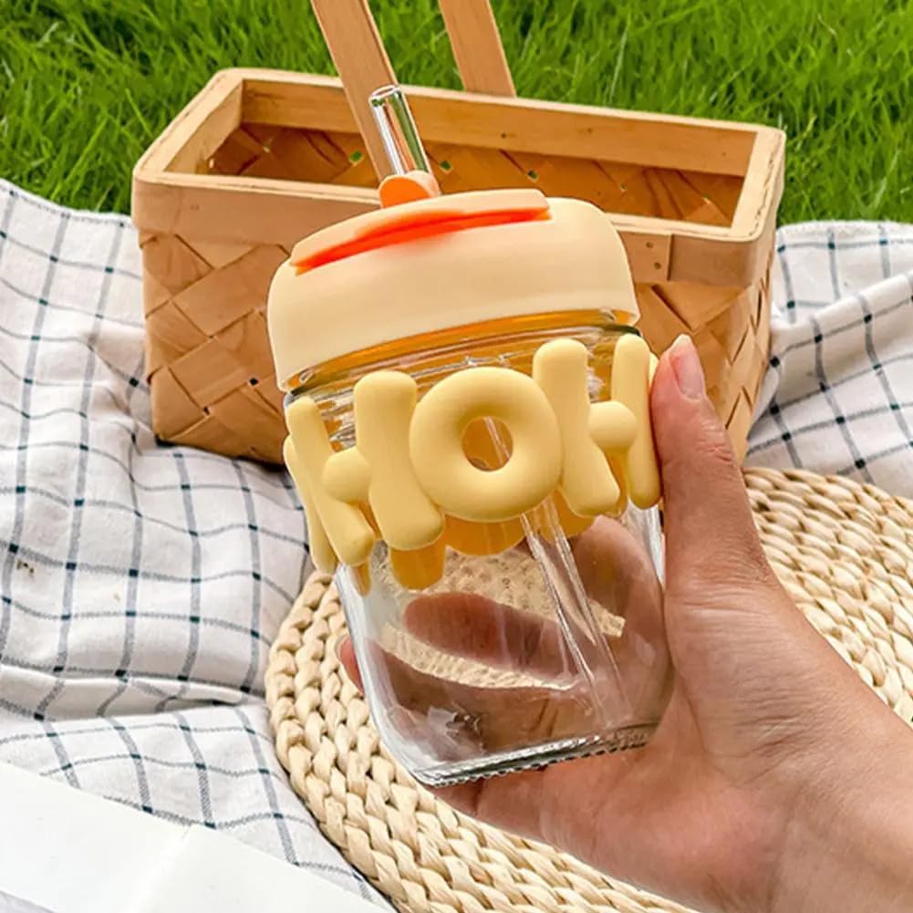 Glass Coffee Mug with Pearl Chain & Sleeve – Reusable Travel Sipper with Double Straw & Lid