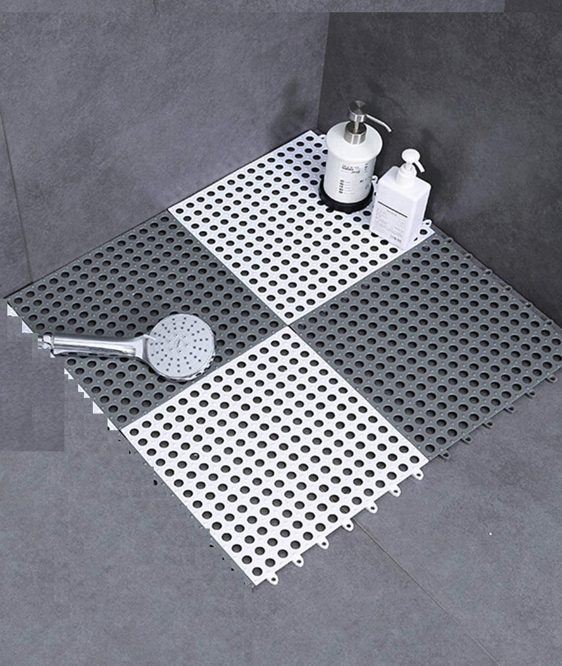 Interlocking Non-Slip Shower Floor Mat Set of 2 Grey White Bathroom Tiles