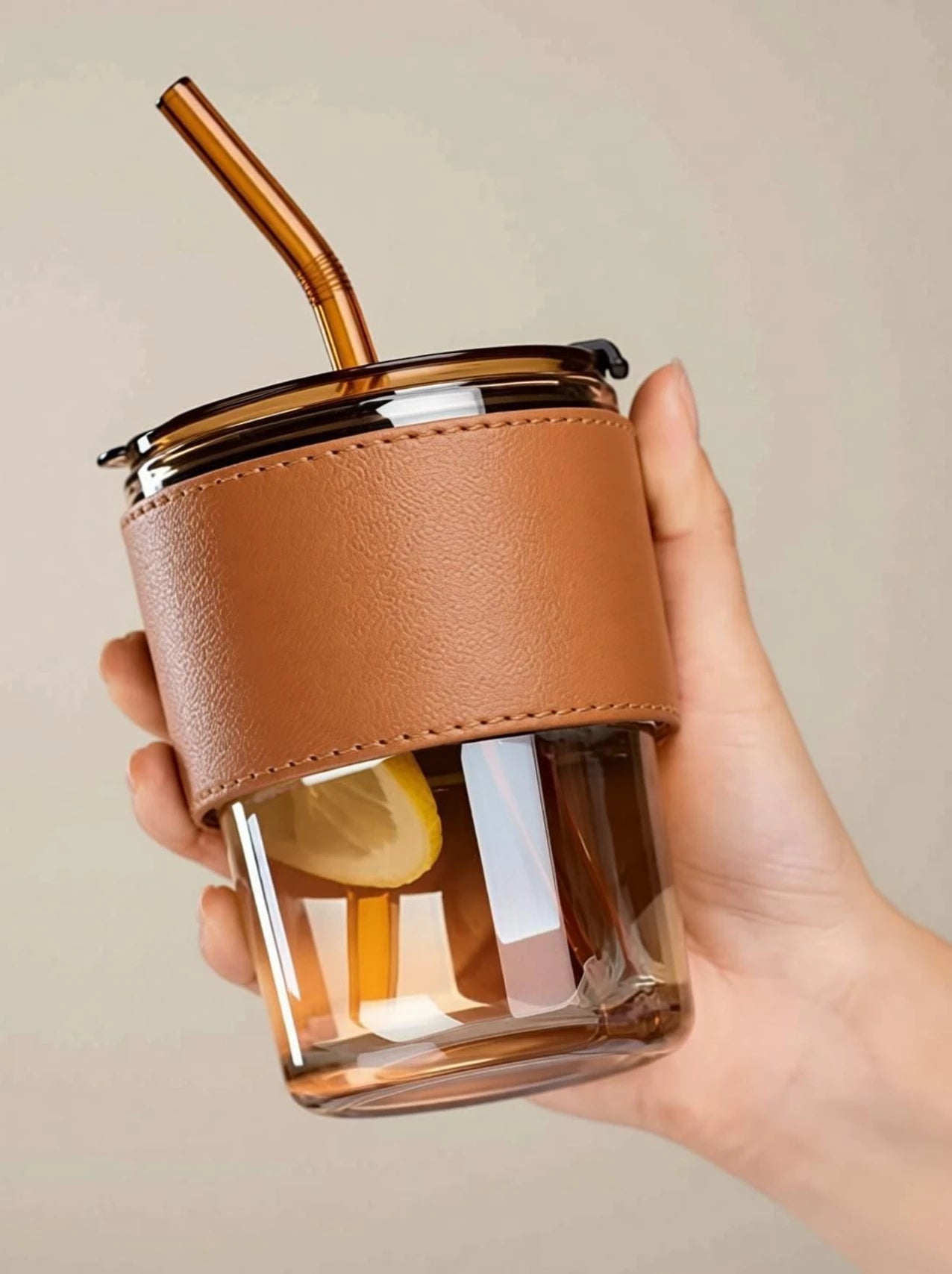 Glass Tumbler with Lid Straw & Leather Sleeve 450ml Drinking Cup