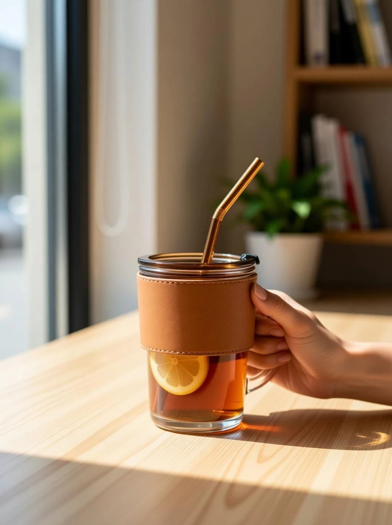 Glass Tumbler with Lid Straw & Leather Sleeve 450ml Drinking Cup