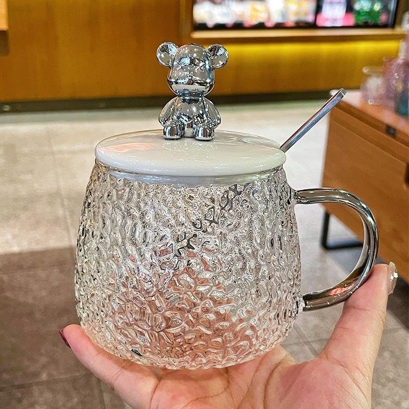 Textured Glass Coffee Mug with Bear Lid & Spoon 400ml Tea Cup