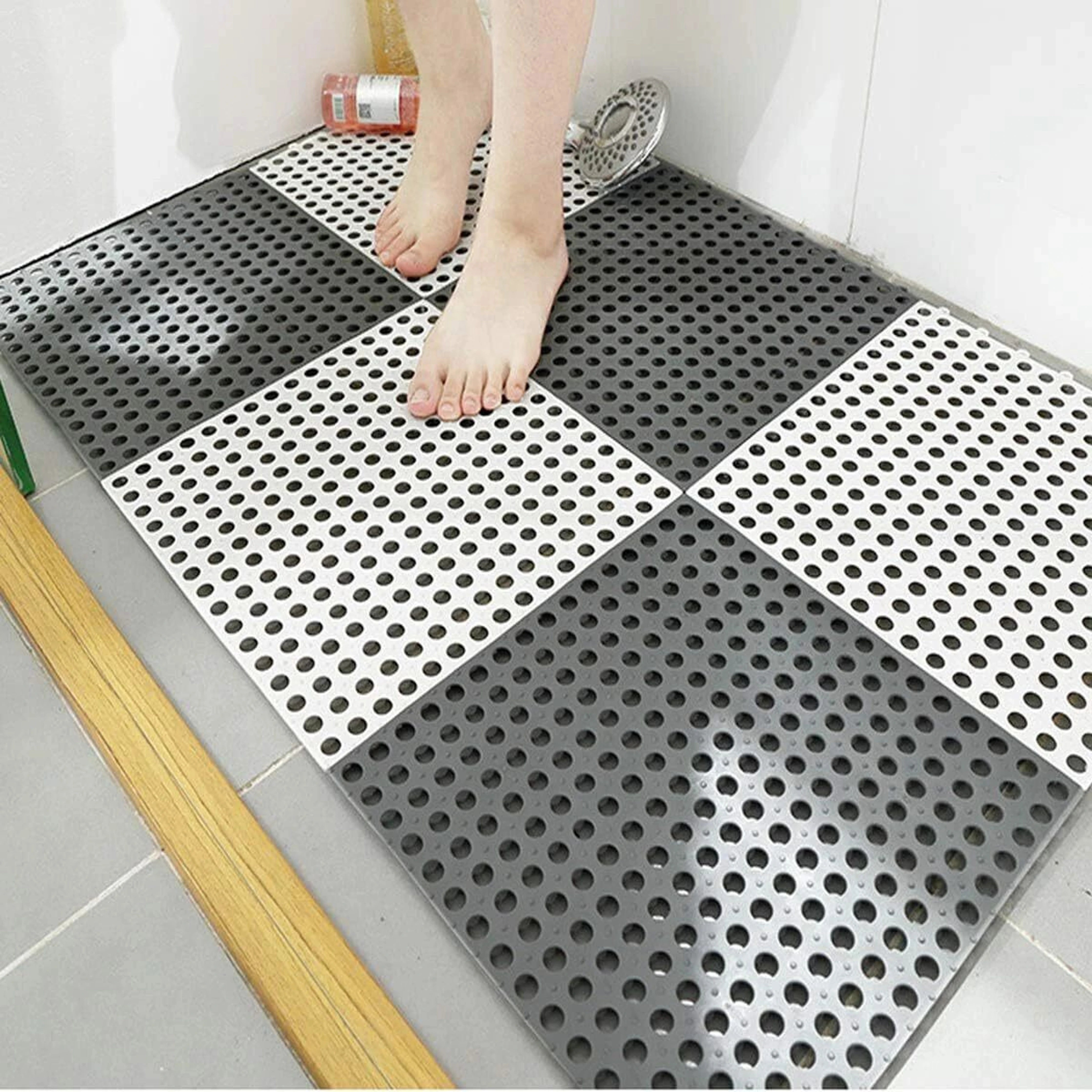 Interlocking Non-Slip Shower Floor Mat Set of 2 Grey White Bathroom Tiles