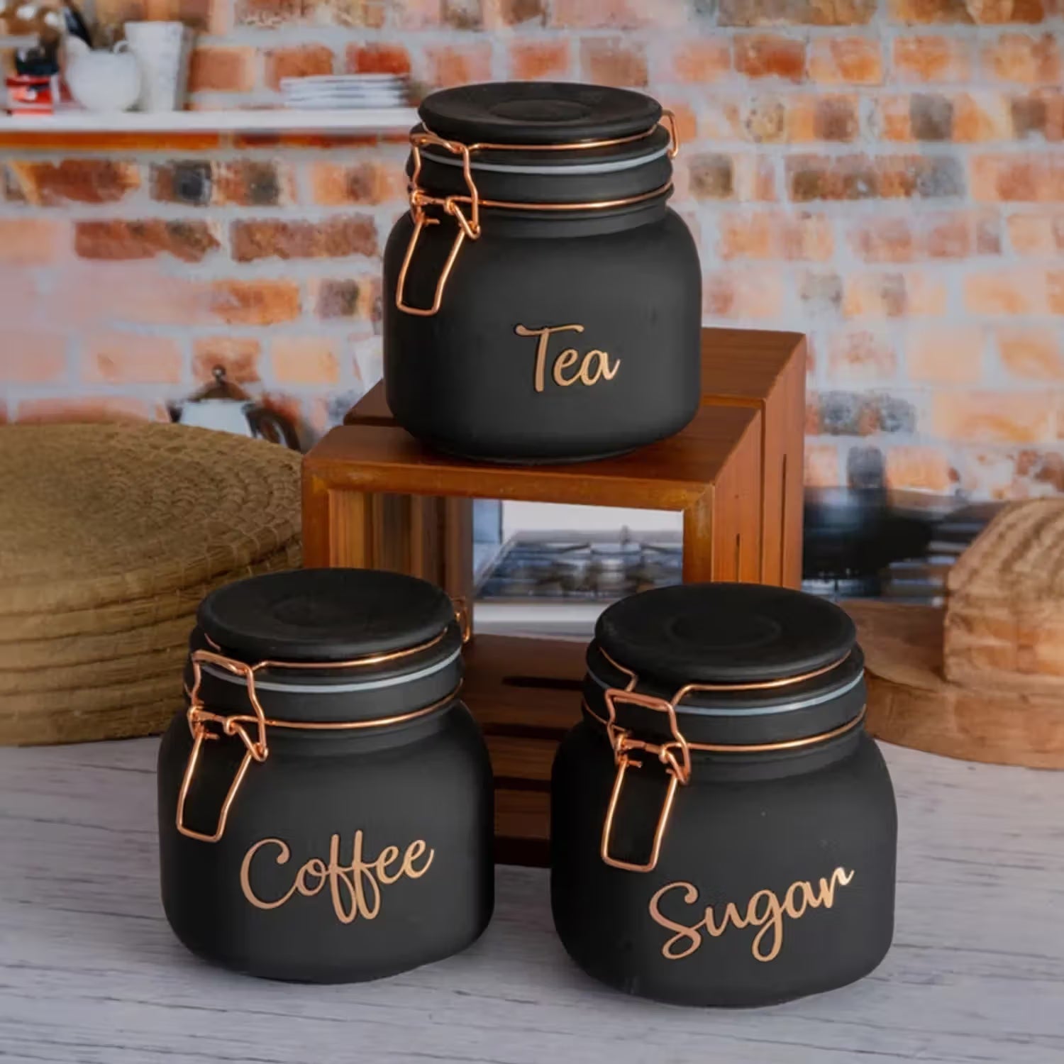 Airtight Glass Storage Jars Set of 3 – 860ml Tea Coffee Sugar Containers