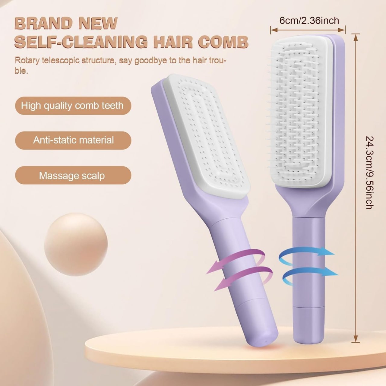 Self Cleaning Hair Detangler Brush for Women & Kids | Anti-Static Wet & Dry Hair Brush with Scalp Massage Bristles