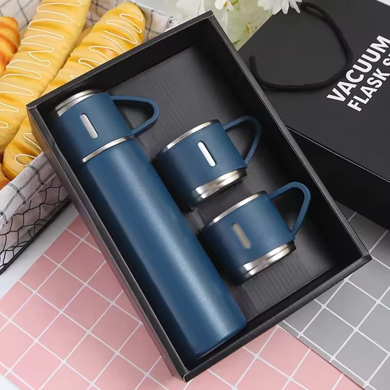 Stainless Steel Vacuum Insulated Water Bottle Gift Set with 2 Cups – 500ml Hot & Cold Thermos Bottle